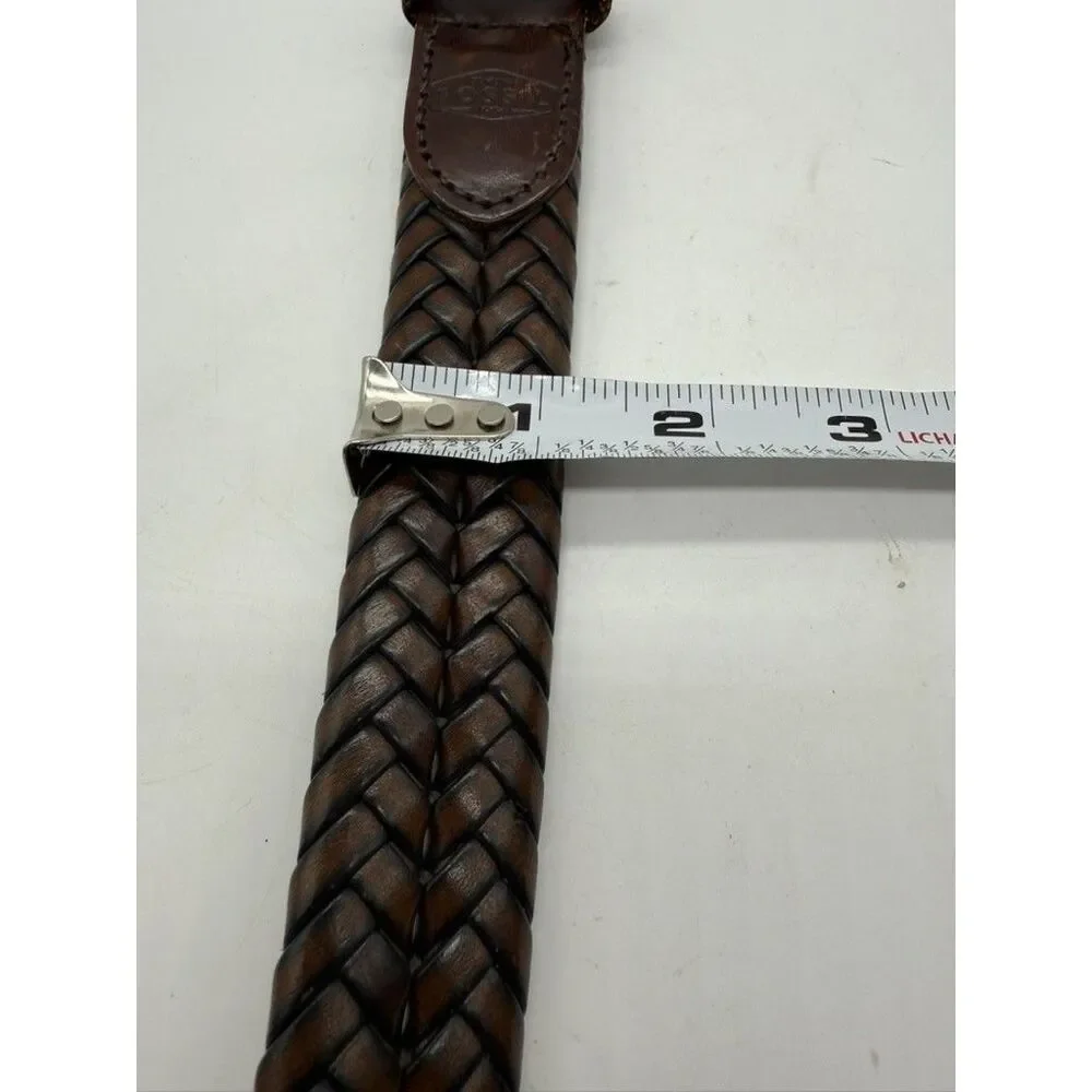 Fossil Belt Mens‎ 40 Braided Woven Leather Brass Buckle Casual Classic